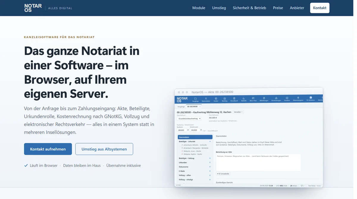 Startseite von notaros.de mit der Akte in NotarOS